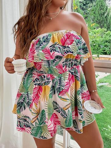 OYOANGLE Women's Plus Size Tropical Print Layered Ruffle Trim Strapless Romper Strapless Short Jumpsuit in Saudi Arabia