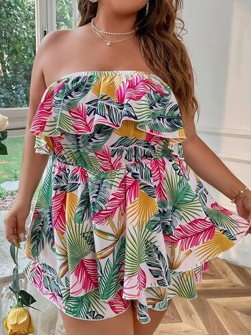OYOANGLE Women's Plus Size Tropical Print Layered Ruffle Trim Strapless Romper Strapless Short Jumpsuit in Saudi Arabia