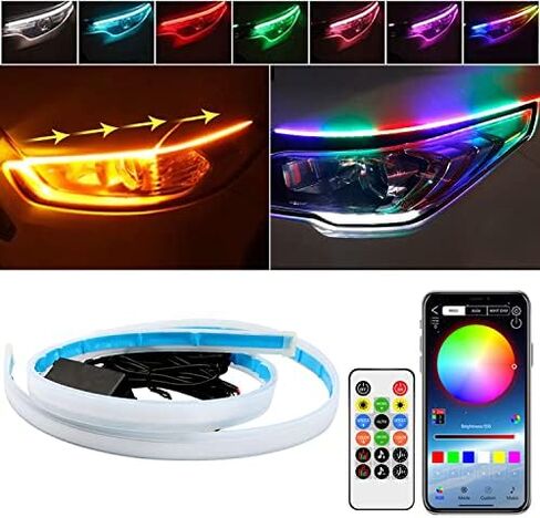 أضواء شريط LED للسيارة، قطعتان 24 بوصة شرائط أمامية LED مرنة مزدوجة اللون أبيض إشارة الانعطاف أضواء صفراء مقاومة للماء شريط إضاءة نهاري للسيارة لشاحنة SUV in Kuwait