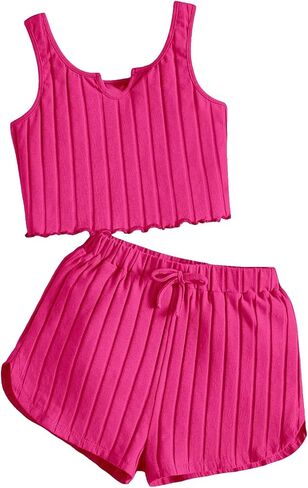 OYOANGLE Girl's 2 Piece Outfits Sleeveless Rib Knit Notched Neck Crop Tank Top and Shorts Set Tracksuit in Saudi Arabia