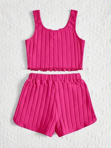 OYOANGLE Girl's 2 Piece Outfits Sleeveless Rib Knit Notched Neck Crop Tank Top and Shorts Set Tracksuit in Saudi Arabia