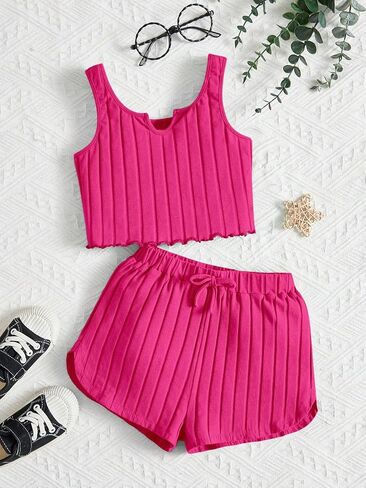 OYOANGLE Girl's 2 Piece Outfits Sleeveless Rib Knit Notched Neck Crop Tank Top and Shorts Set Tracksuit in Saudi Arabia