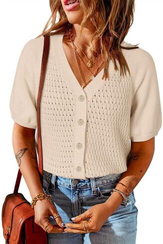 Dokotoo Womens Summer Tops 2024 Trendy V Neck Hollow Out Crochet Button Down Shirts Puff Sleeves Blouses in Saudi Arabia