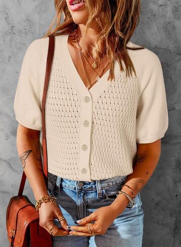 Dokotoo Womens Summer Tops 2024 Trendy V Neck Hollow Out Crochet Button Down Shirts Puff Sleeves Blouses in Saudi Arabia
