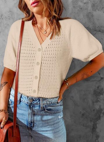 Dokotoo Womens Summer Tops 2024 Trendy V Neck Hollow Out Crochet Button Down Shirts Puff Sleeves Blouses in Saudi Arabia