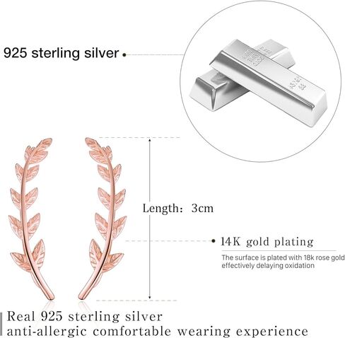 ✦Mothers day Gifts✦ Madeone Climber Earrings Ear Crawler Cuff Earrings 925 Sterling Silver 14K Gold Plated Leaf Stud Earrings Ear Climber Hoop Jacket Earrings Hypoallergenic for Women Jewelry in Saudi Arabia
