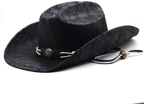 Leather Cowboy Hats for Men & Women Wide Brim Western Cowboy Cowgirl Hat with Belt Buckle Jazz Leather Hat in Saudi Arabia