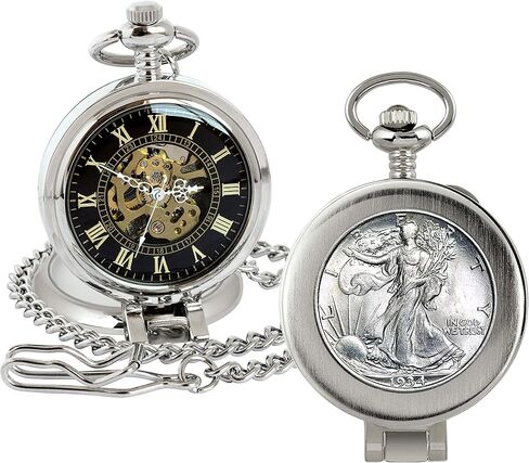 Coin Pocket Watch with Skeleton Movement | Silver Walking Liberty Half Dollar | Genuine U.S. Coin | Sweeping Second Hand, Magnifying Glass | Silvertone Case | Certificate of Authenticity in Saudi Arabia