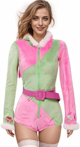 Cute Dog Style Romper Fuzzy Onesie Pajama Pink Green Loungewear Fluffy Hooded Homewear Short Jumpsuit with Stockings in Saudi Arabia