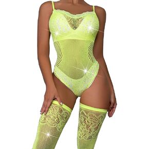 Womens Sexy Rhinestone bodysuit Fishnet Bodystocking Plus Size Tights Soft Nightwear Smock Lingerie One Size