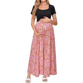 OUGES Womens 2024 Summer Maternity Maxi Dress for Photoshoot Short Sleeve Baby Shower Casual Long Dress with Pockets