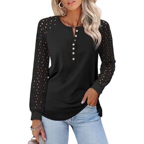 Women's Lace Long Sleeve Shirts Henley Tops Casual Fall Blouses T Shirts