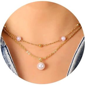 Gold Pearl Necklaces for Women Dainty Layered Pearl Chain Necklace Trendy Pearl Beaded Pendant Necklace Womens Jewelry