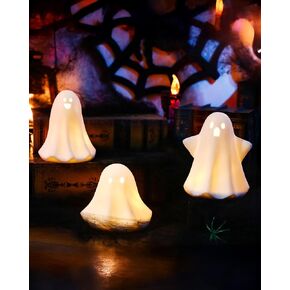 Ceramic Ghosts Small White Ghost Figurine, 3PCS Light Up Ghost Decor, Small LED Ghost Halloween Decor Spooky Sculptures for Indoor Halloween Party Tabletop Home Shelf Decoration