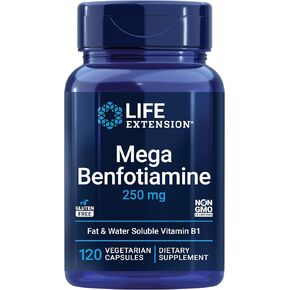Life Extension Mega Benfotiamine, 250 mg, a Fat-Soluble Form of thiamine, Healthy Metabolism, Ultra-bioavailable Vitamin B1, high Potency, Gluten-Free, Non-GMO, Vegetarian, 120 Capsules