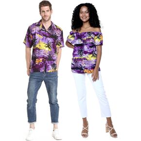 Matchable Couple Hawaiian Luau Shirt or Off-Shoulder Ruffle Muumuu Top in Sunset Purple