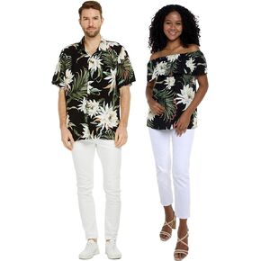 Matchable Couple Hawaiian Luau Shirt or Off-Shoulder Ruffle Muumuu Top in Wispy Cereus Black