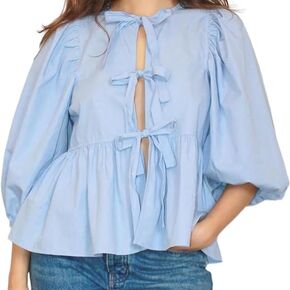 Tie Front Tops for Women Cute Puff Sleeve Tops White Ruffle Blouse 3/4 Length Sleeve Womens Tops Y2k Streetwear
