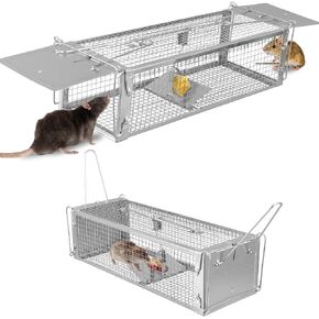 Moclever Humane Rat Trap Cage Dual Door Live Rat Traps Humane Live Rodent Dense Mesh Trap Cage Zinc Electroplating Mice Mouse Control Bait Catch with 2 Detachable U Shaped Rod for Small Animals