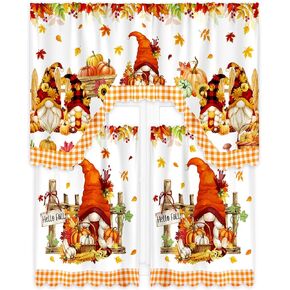 Frienda Fall Pumpkin Kitchen Curtains Pumpkins Window Curtains and Valances Set Orange Autumn Thanksgiving Kitchen Curtains 3 Piece Set for Bedroom Living Room, 60" x 36" Valance, 36" x 30" Tier