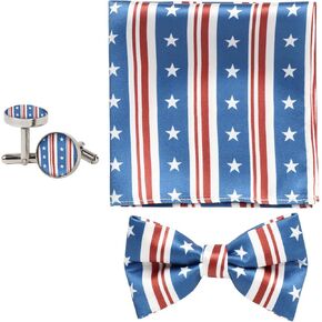 American Flag Bow Ties Pocket Square and Cufflinks, 3 Piece Patriotic Men Tie Sets, 100% Mulberry Silk
