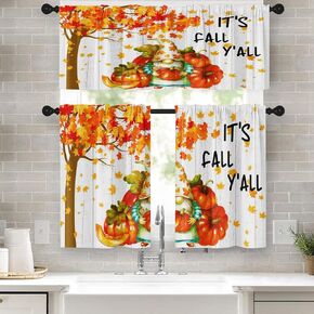 سقوط البرتقال اليقطين المطبخ نافذة الستائر الستارة والطبقة مجموعة 36 بوصة، الخريف خمر المائية أوراق القيقب 3 قطعة نافذة العلاج طبقات لغرفة المعيشة غرفة نوم ديكور المطبخ الستائر in Kuwait