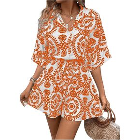 Floerns Women's Allover Print Short Sleeve Button Front Boho Romper Jumpsuit