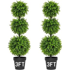 3FT Artificial Topiaries - Front Porch Plant, Outdoor Boxwood Topiary Trees Set of 2, Faux Boxwood Plants, Topiary Trees and Outdoor Artificial Plants for Front Porch, Patio and Garden Décor