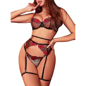 Women's Lingerie Sets Floral Embroidery Sheer Underwire Bra and Mid Rise Thongs Set with Garter 5 Piece Set in Saudi Arabia