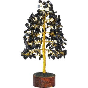 Black Tourmaline Gems Tree Feng Shui Bonsai Money Tree Reiki Healing Natural Gemstone Aura Crystal Cleansing Good Luck Decor Home Goods Decoration Golden Wire 10 Inch