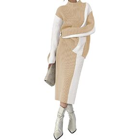 Pink Queen Women's 2 Piece Outfits 2024 Fall Winter Sweater Skirt Set Long Sleeve Oversized Top High Waist Color Block Dress in Kuwait