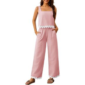 Women's 2 Piece Outfits Summer Sets Linen Sleeveless Crop Tank Top Wide Leg Pants Cruise Vacation Lounge Matching Sets