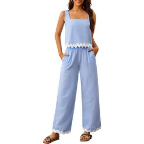Women's 2 Piece Outfits Summer Sets Linen Sleeveless Crop Tank Top Wide Leg Pants Cruise Vacation Lounge Matching Sets