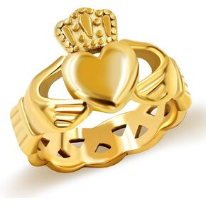 Uloveido Gold Plated Hand Heart Irish Claddagh Ring Love Loyalty Celtic Knot Rings Stainless Steel Wedding Bands