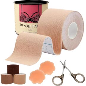 Best Boob Tape | 5 Piece Kit! 2'' Breast Tape (16 feet), 2 Nipple Covers, Scissors, Test Patch, Travel Case