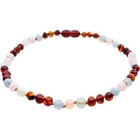 Genuine Amber Necklace From Baltic Sea Made With Polished Cognac & Morganite 33 cm (13 Inches)