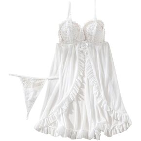 Verdusa Women's Lace Mesh Ruffle Trim Babydoll Lingerie with Thong