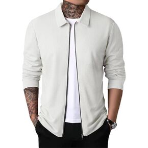 Men Casual Cardigan Sweaters Laydown Collar Zipper Closure Solid Color Long Sleeve Waffle Jackets
