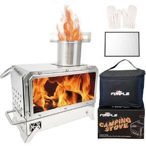 Outdoor Portable Wood Burning Stove，Mini Camp Oven, Camping Stove portable for Cooking, Stainless Steel Wood Burning Stove with Bag, Heat Insulation Pad, Gloves, Wood Stove for Hiking BBQ