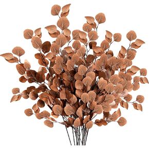 Sggvecsy 6 Pcs Fall Artificial Eucalyptus Stems Long Silver Dollar Leaves Fake Silk Eucalyptus Leaf Branches for Indoor Home Autumn Festival Thanksgiving Decor(Dark Brown)