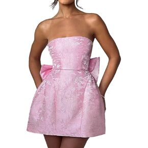 Women's Solid Color Bustier Backless Bow Dress Sexy Jacquard Strappy Mini Skirt