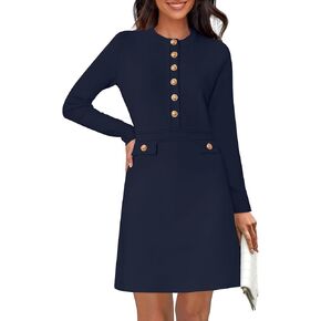 NENONA Women's Crew Neck Bodycon Sweater Dress Long Sleeve Button Elegant Formal Party Mini Dress