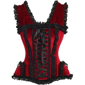 Daisy corsets Womens Top Drawer Dark Red Velvet & Lace Steel Boned Corset W/Cap Sleeves