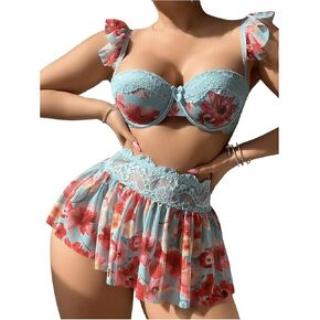 OYOANGLE Women's 3 Piece Lingerie Set Floral Print Nightgown Mesh Lace Teddy Babydoll