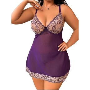 SOLY HUX Women's Plus Size Lingerie Lace Mesh Underwire Babydoll Lingerie Dress Sleepwear Chemise