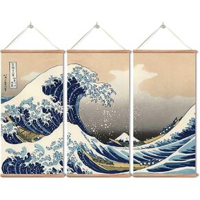 xinyuru Japanese Traditional Art The Great Wave Off Kanagawa by Hokusai,Hanging Poster with Wood Frames,Ready to Hang Decorative Wall 16''x32'' x 3 Piece Set