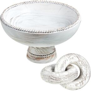 2 Pieces Beaded Wood Pedestal Bowl Diameter 9.8 Inch Wood Knot Decor Pedestal Bowl White Decorative Bowl Coffee Table Decor Farmhouse Decorative Bowl for Farmhouse House Room Desk Shelf Decorations