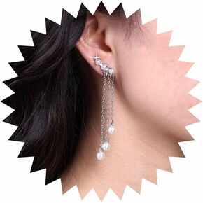 Vintage Pearl Tassel Earrings Pearl Ear Climber Earrings Silver Pearl Stud Earrings Crystal Pearl Crawler Earrings White Pearl Dangle Earrings Jewelry for Women