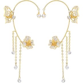 Butterfly Ear Cuffs, Rhinestone Flower Butterfly Earrings with Tassels Sparkling Crystal Ear Clip Jewelry Gift for Women Girls Party Festival Prom Accessories