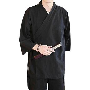 Men's Japanese Noragi Cardigan Open Front Kimono Jacket Self Tie Cover Up